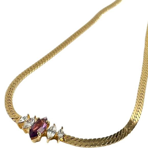 Vintage Christian Dior Purple Rhinestone and Gold Tone Chain Necklace - Picture 1 of 10